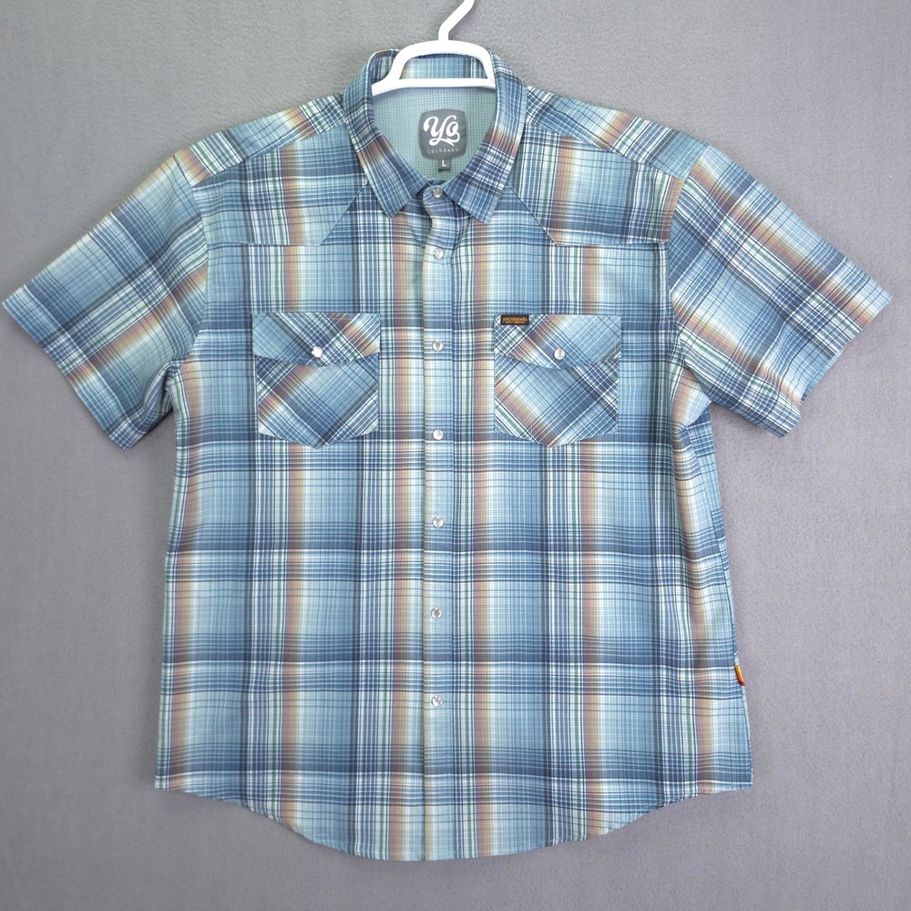 Western Pearl Snap Shirt Mens Large Blue Plaid Short Sleeve Stretch YoColorado